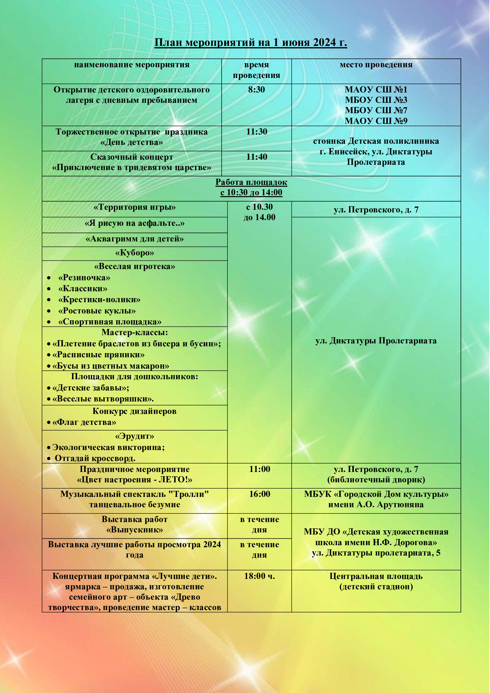 Программа мероприятия 1 июня &amp;quot;День детства&amp;quot;.